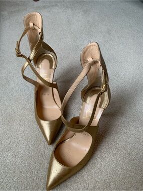Christian Louboutin Metallic Gold Strappy Pointed-Toe Heels